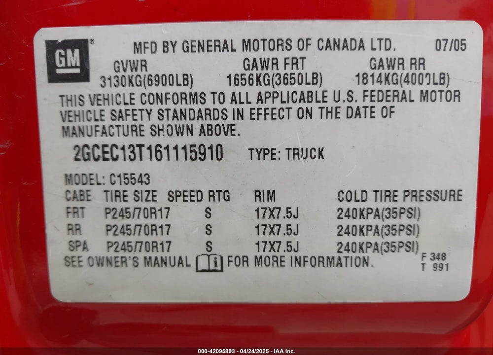 2006 CHEVROLET SILVERADO 1500 LT1 VIN: 2GCEC13T161115910