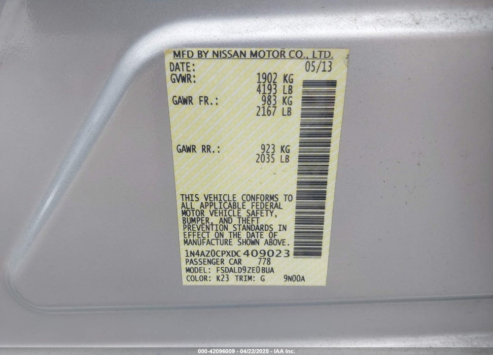 2013 NISSAN LEAF SV VIN: 1N4AZ0CPXDC409023