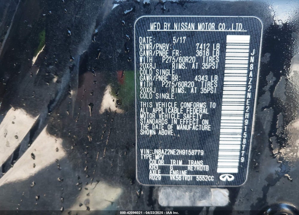 2017 INFINITI QX80 VIN: JN8AZ2NE2H9158779