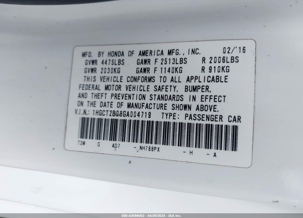 2016 HONDA ACCORD VIN: 1HGCT2B08GA004719