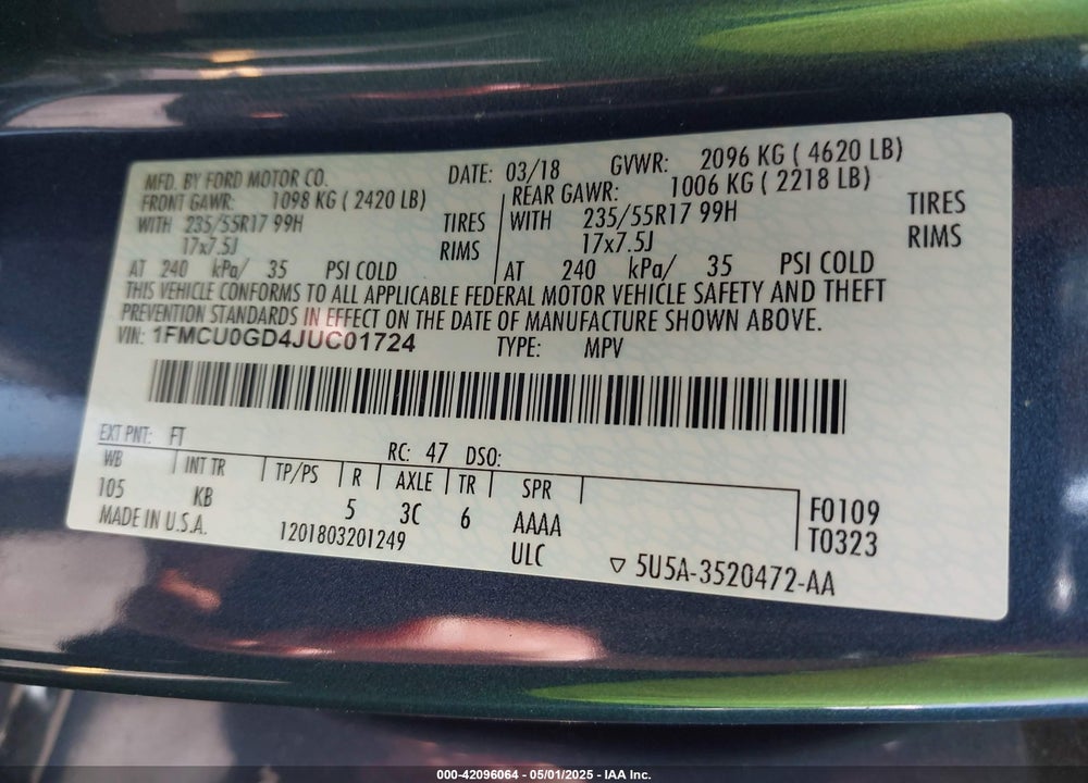 2018 FORD ESCAPE SE VIN: 1FMCU0GD4JUC01724