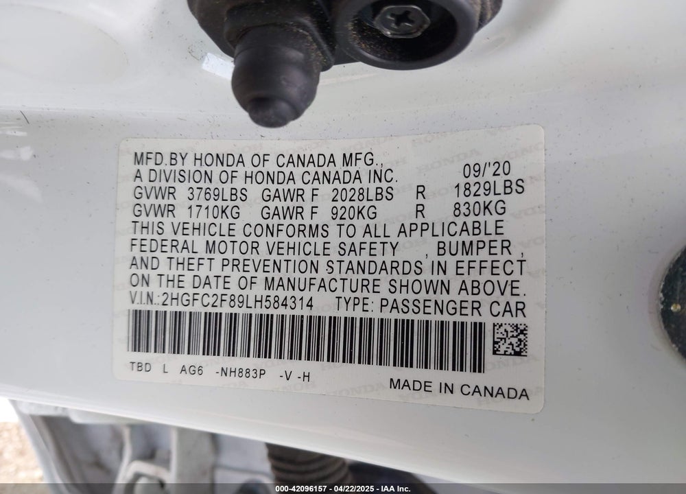2020 HONDA CIVIC SPORT VIN: 2HGFC2F89LH584314