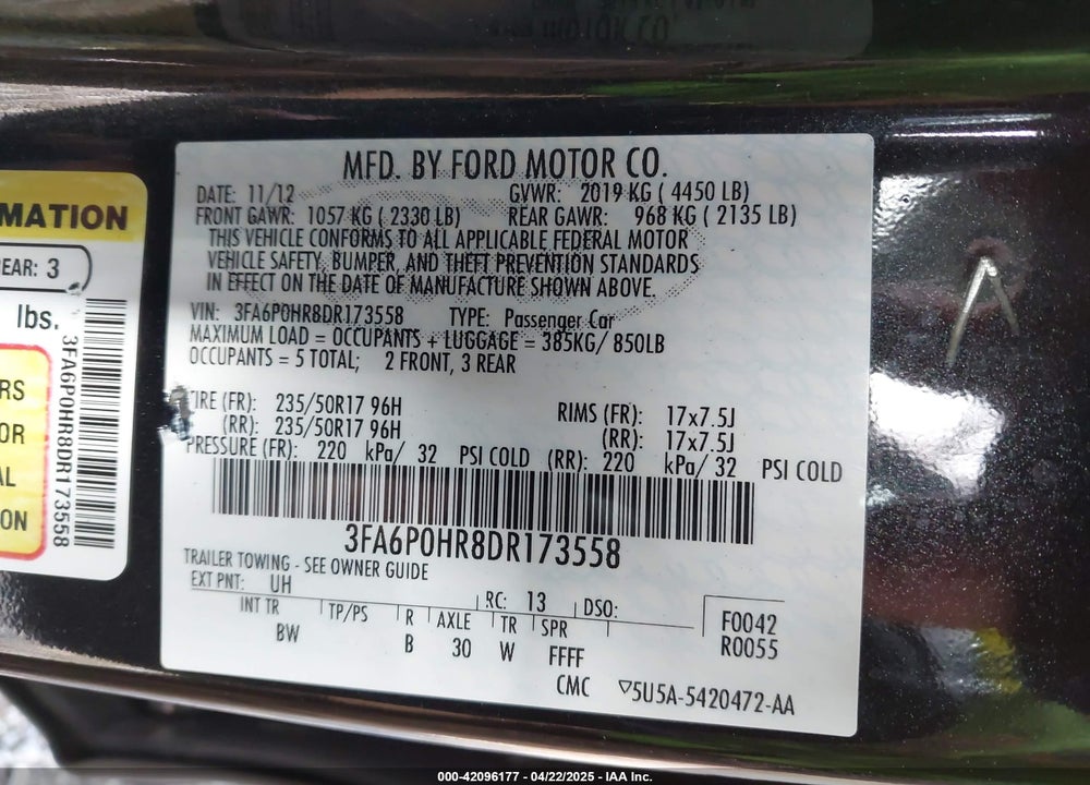 2013 FORD FUSION VIN: 3FA6P0HR8DR173558