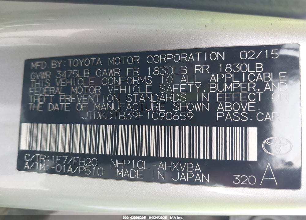 2015 TOYOTA PRIUS C ONE VIN: JTDKDTB39F1090659