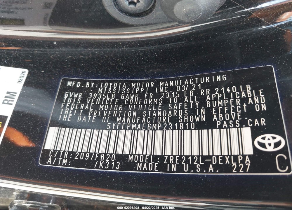 2021 TOYOTA COROLLA VIN: 5YFEPMAE6MP231810
