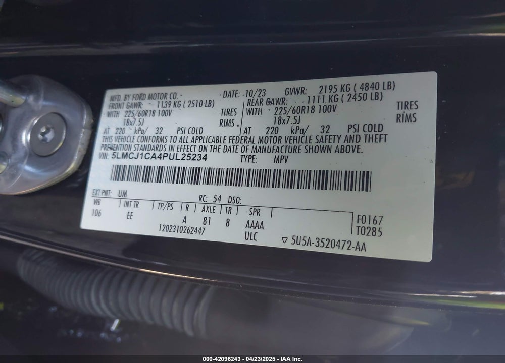 2023 LINCOLN CORSAIR VIN: 5LMCJ1CA4PUL25234