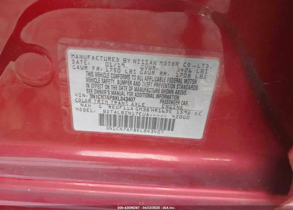 2019 NISSAN VERSA VIN: 3N1CN7AP8KL843407