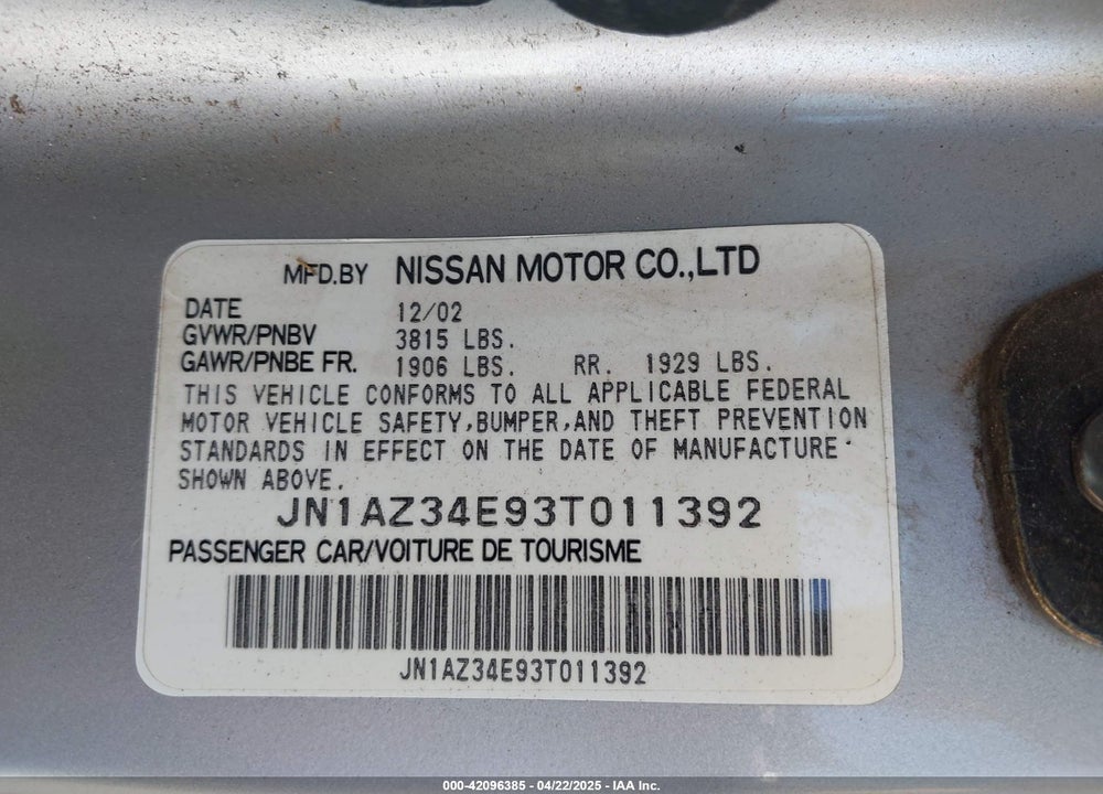 2003 NISSAN 350Z TOURING VIN: JN1AZ34E93T011392