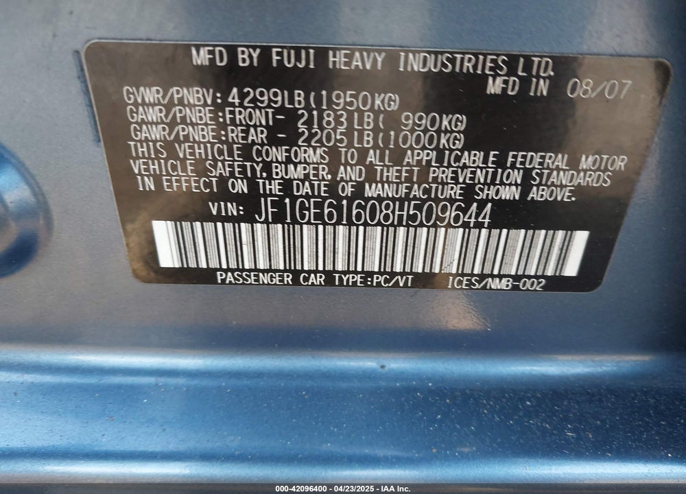 2008 SUBARU IMPREZA 2.5I VIN: JF1GE61608H509644