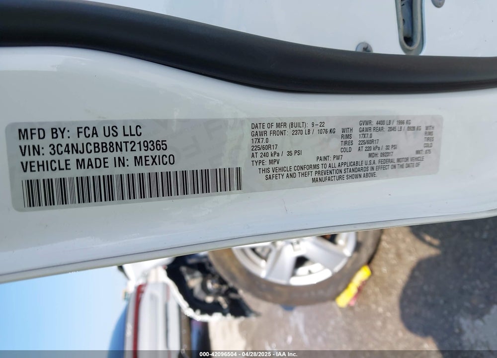 2022 JEEP COMPASS VIN: 3C4NJCBB8NT219365