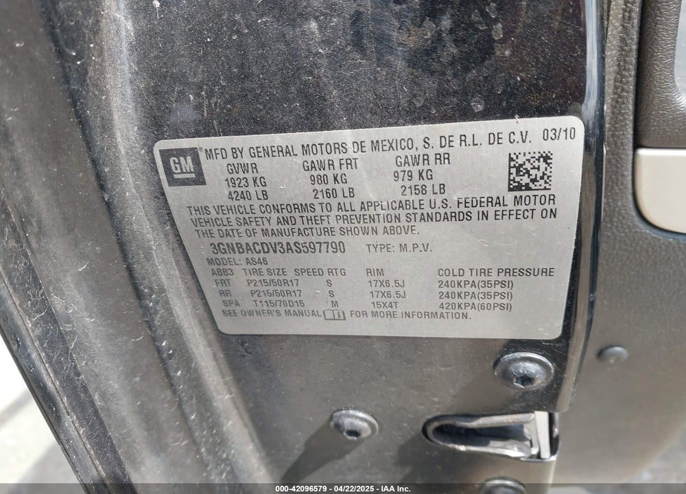 2010 CHEVROLET HHR VIN: 3GNBACDV3AS597790
