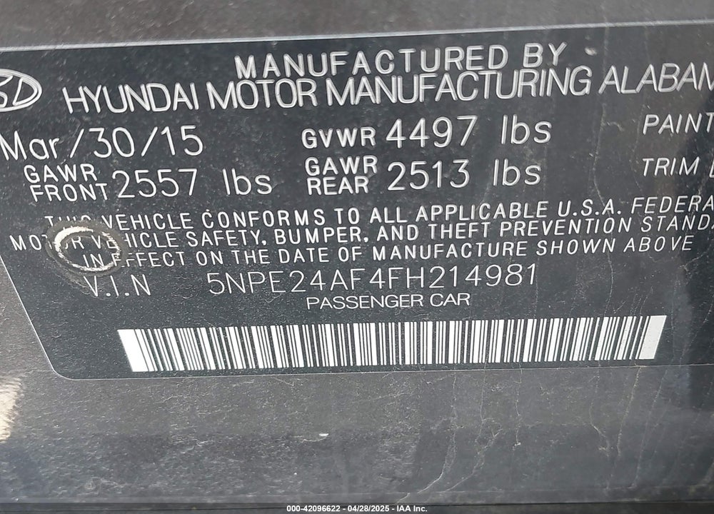 2015 HYUNDAI SONATA SE VIN: 5NPE24AF4FH214981