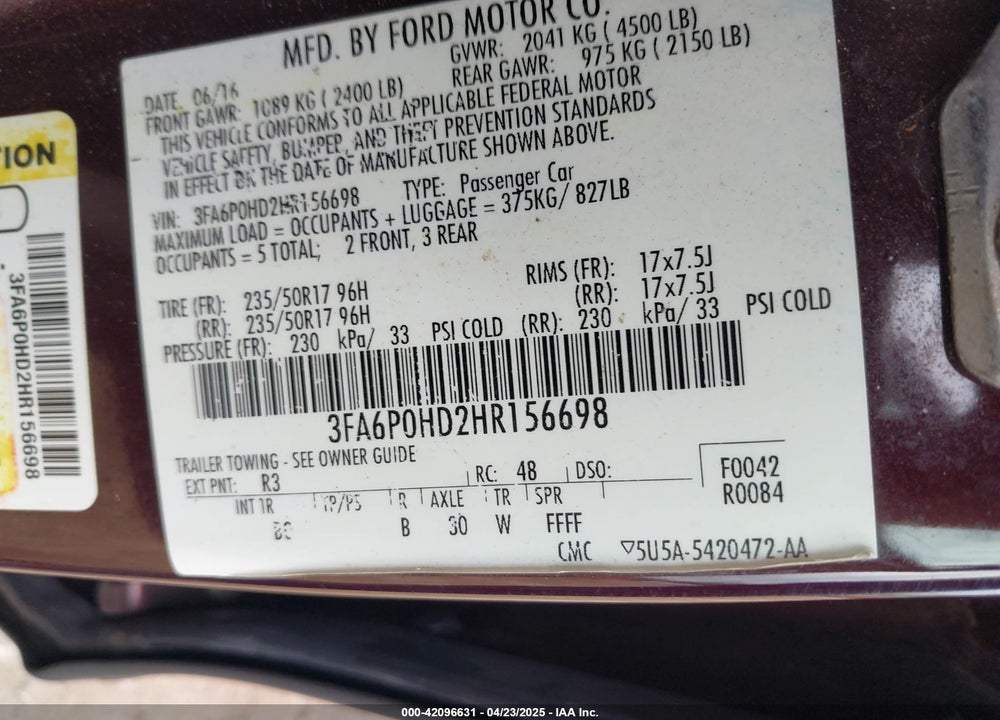 2017 FORD FUSION VIN: 3FA6P0HD2HR156698