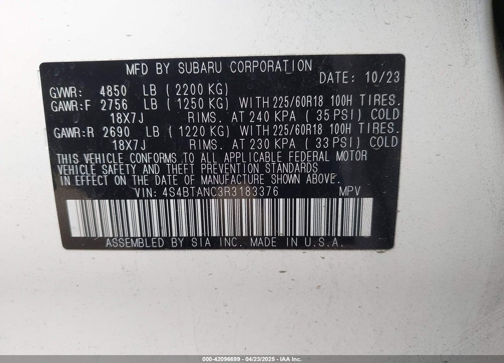 2024 SUBARU OUTBACK LIMITED VIN: 4S4BTANC3R3183376
