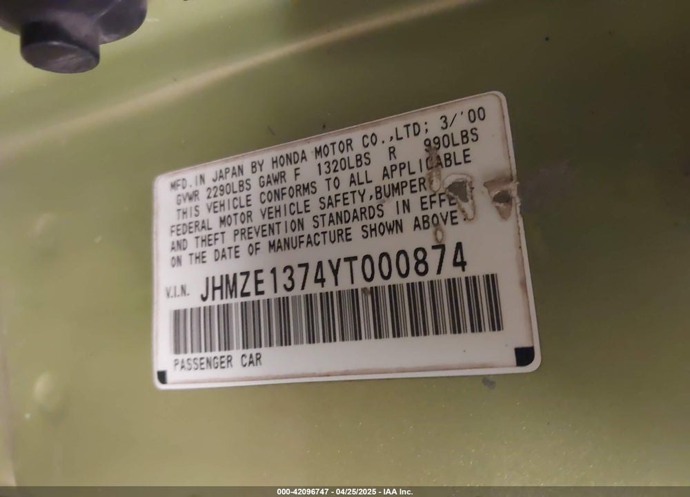 2000 HONDA INSIGHT VIN: JHMZE1374YT000874