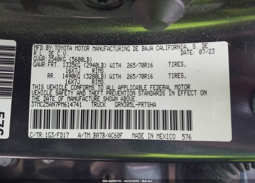 2023 TOYOTA TACOMA VIN: 3TMCZ5AN7PM614741