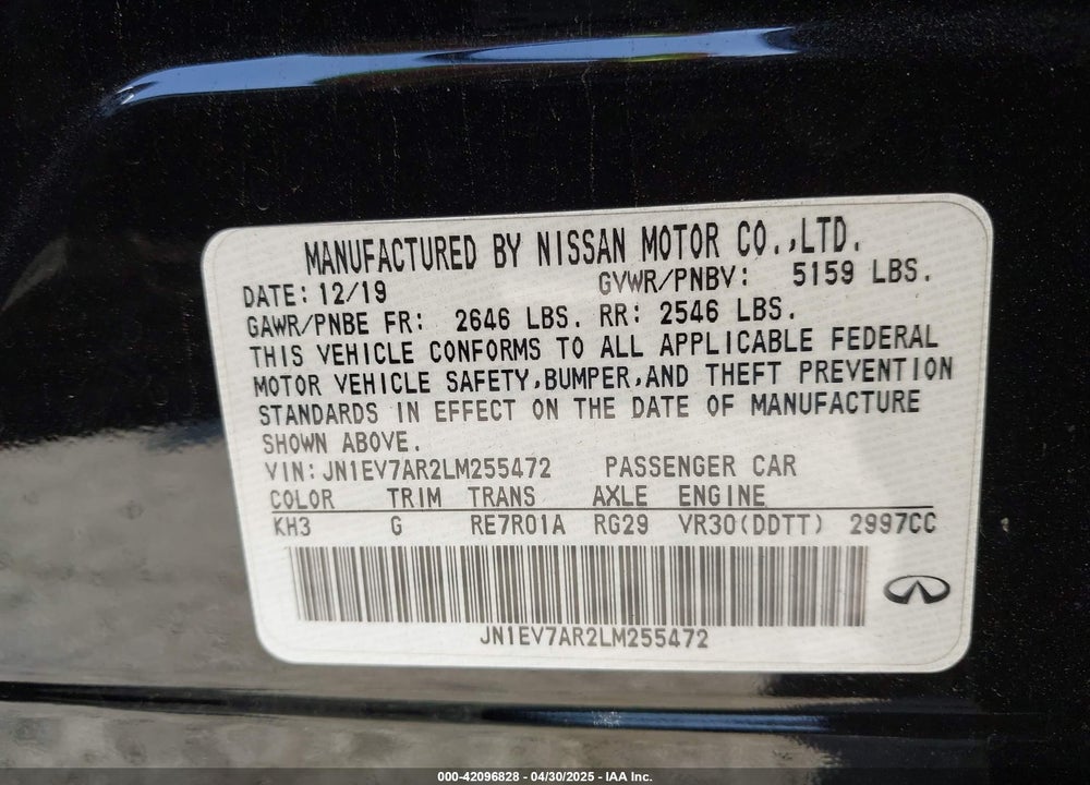 2020 INFINITI Q50 LUXE AWD VIN: JN1EV7AR2LM255472