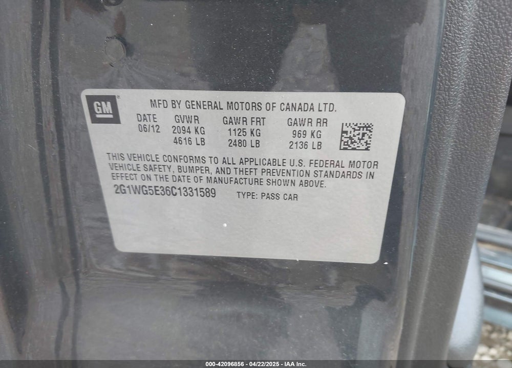 2012 CHEVROLET IMPALA VIN: 2G1WG5E36C1331589