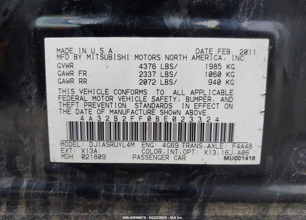 2011 MITSUBISHI GALANT VIN: 4A32B2FF0BE023324