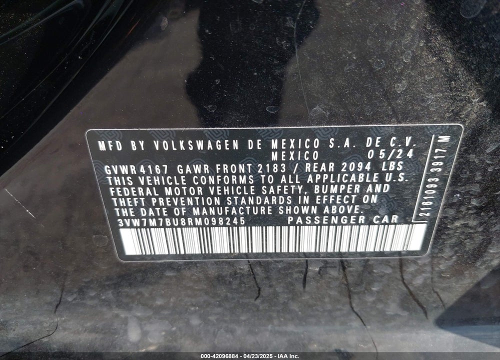 2024 VOLKSWAGEN JETTA VIN: 3VW7M7BU8RM098245