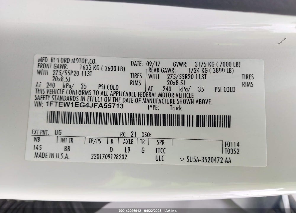 2018 FORD F-150 VIN: 1FTEW1EG4JFA55713