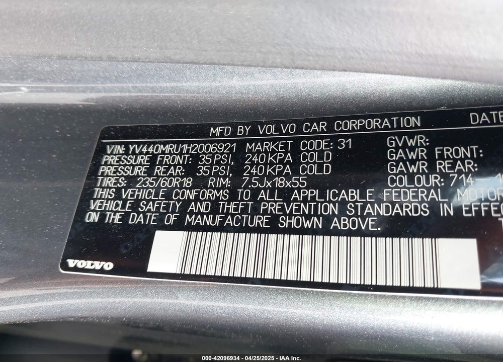 2017 VOLVO XC60 T5 INSCRIPTION VIN: YV440MRU1H2006921