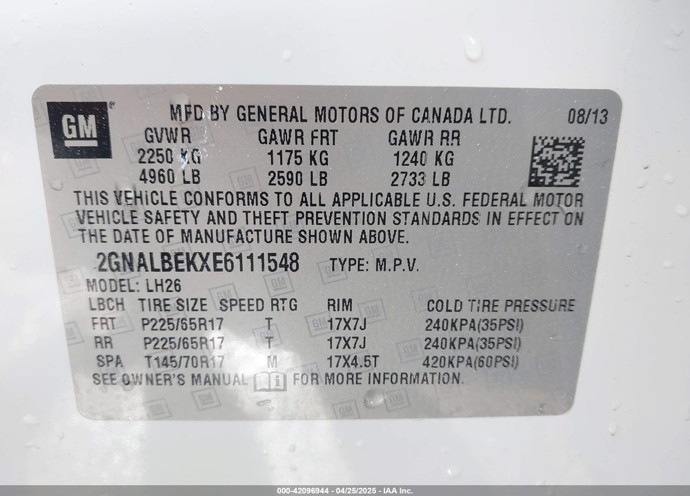 2014 CHEVROLET EQUINOX VIN: 2GNALBEKXE6111548