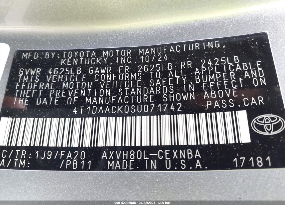 2025 TOYOTA CAMRY VIN: 4T1DAACK0SU071742