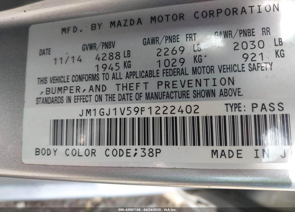 2015 MAZDA 6 I TOURING VIN: JM1GJ1V59F1222402