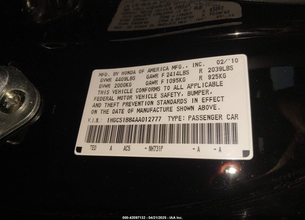 2010 HONDA ACCORD 2.4 EX-L VIN: 1HGCS1B84AA012777