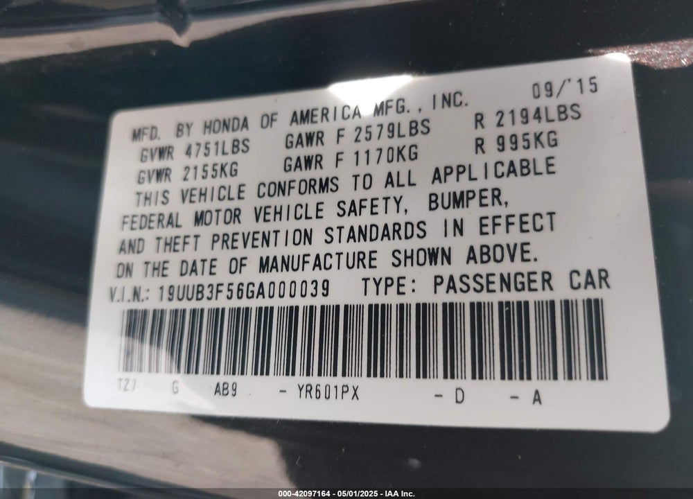 2016 ACURA TLX VIN: 19UUB3F56GA000039