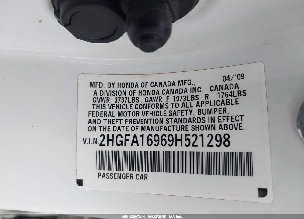 2009 HONDA CIVIC VIN: 2HGFA16969H521298