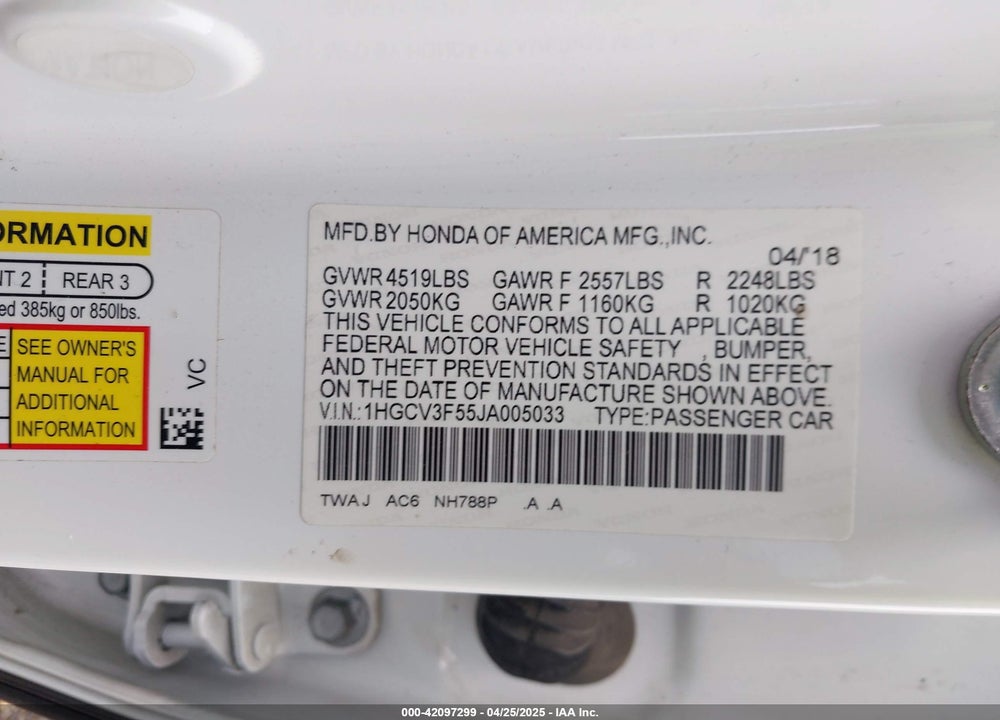 2018 HONDA ACCORD HYBRID VIN: 1HGCV3F55JA005033