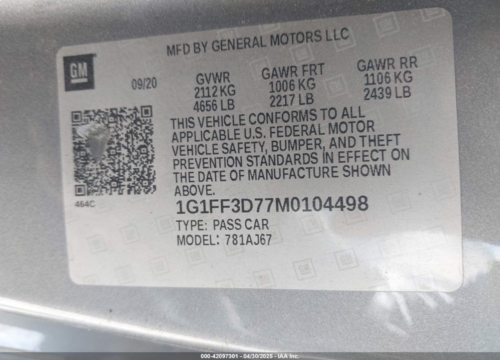 2021 CHEVROLET CAMARO RWD LT1 VIN: 1G1FF3D77M0104498