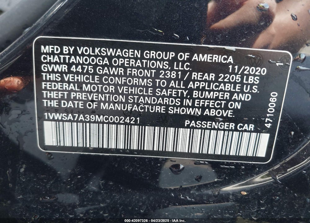 2021 VOLKSWAGEN PASSAT VIN: 1VWSA7A39MC002421