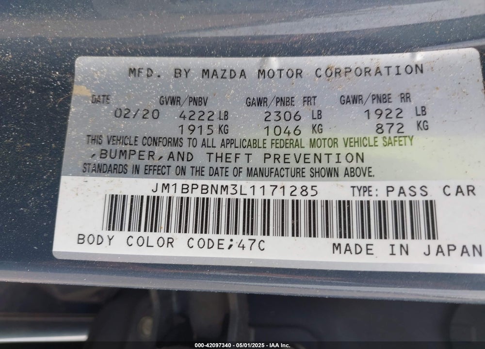2020 MAZDA MAZDA3 HATCHBACK VIN: JM1BPBNM3L1171285