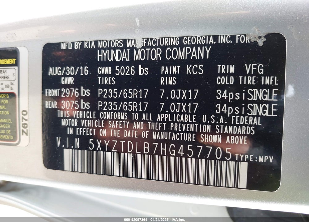 2017 HYUNDAI SANTA FE SPORT VIN: 5XYZTDLB7HG457705