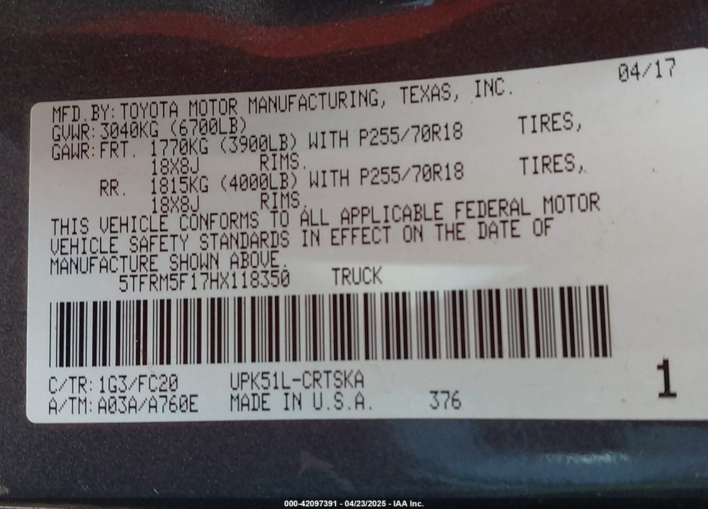 2017 TOYOTA TUNDRA VIN: 5TFRM5F17HX118350