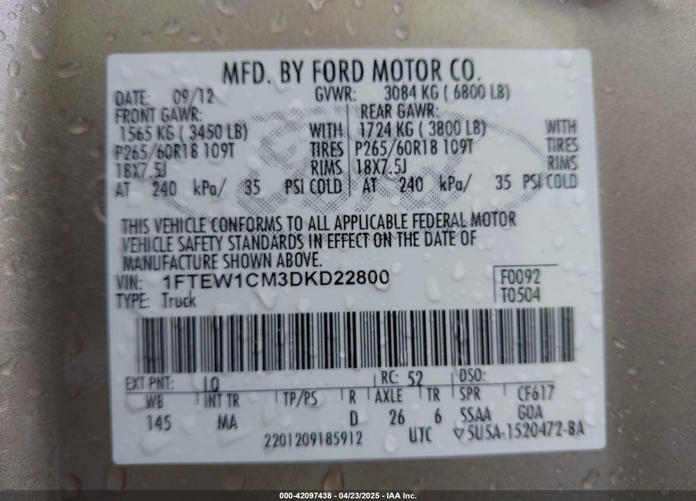 2013 FORD F-150 XLT VIN: 1FTEW1CM3DKD22800
