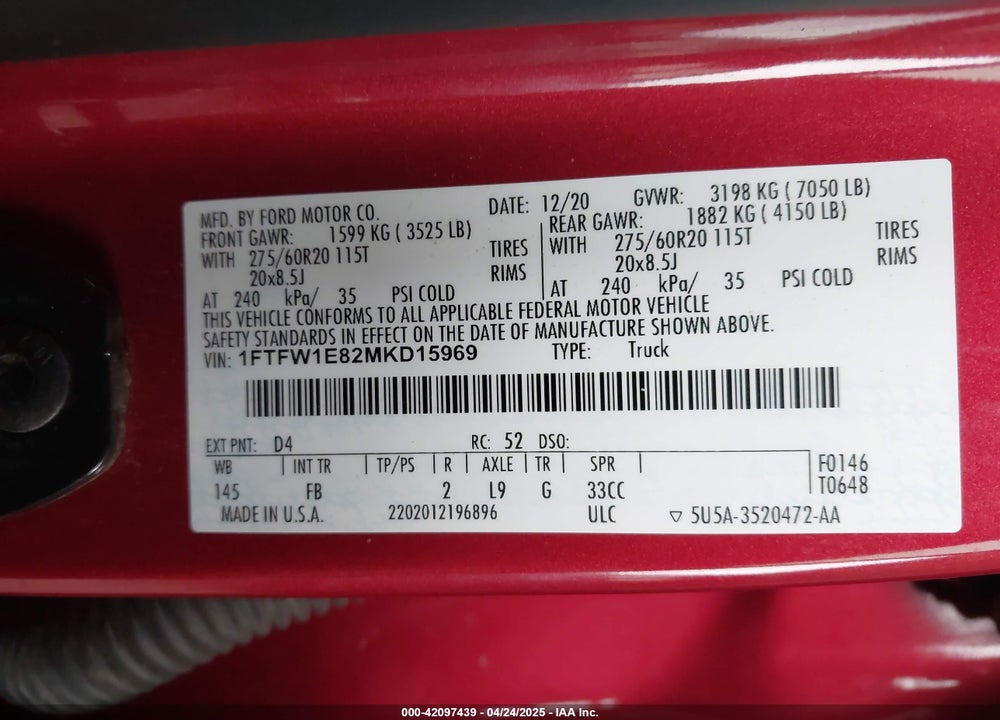 2021 FORD F-150 XLT VIN: 1FTFW1E82MKD15969