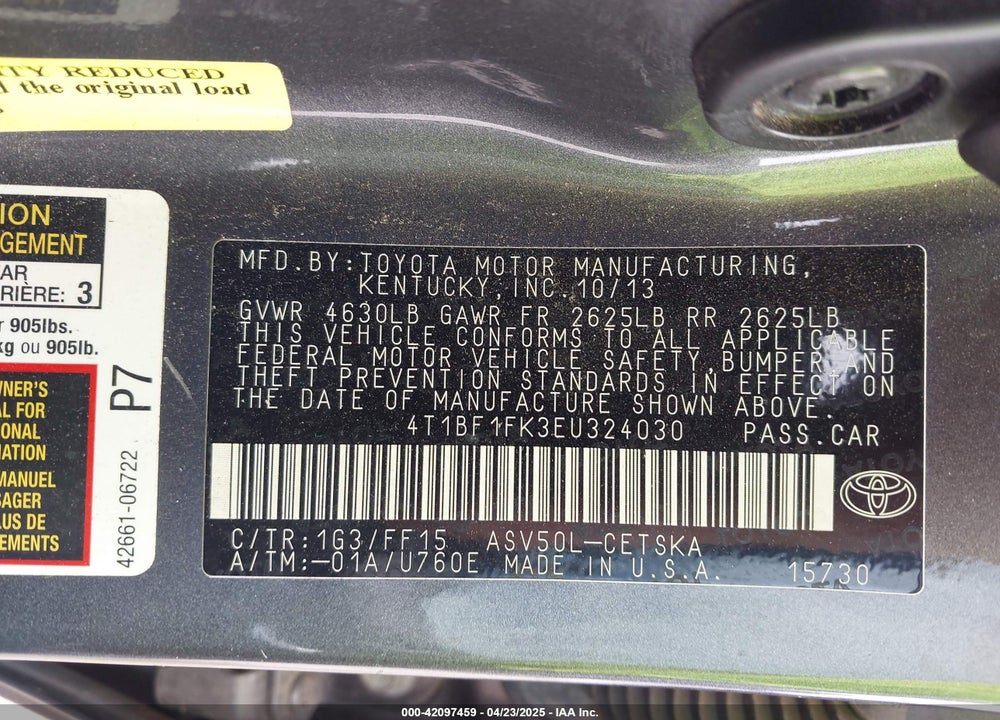 2014 TOYOTA CAMRY VIN: 4T1BF1FK3EU324030