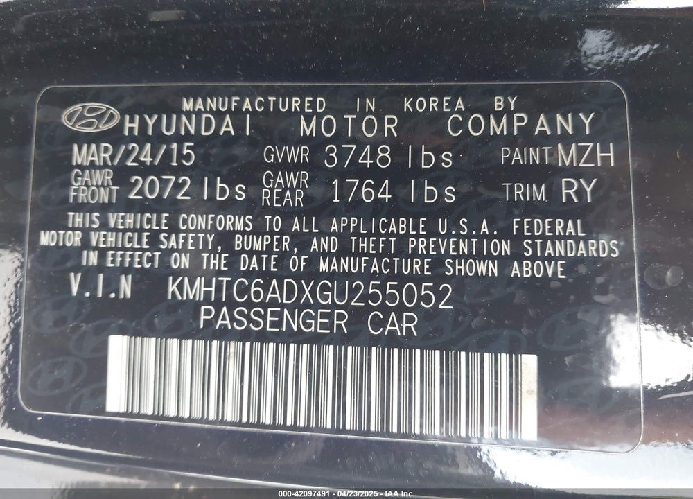 2016 HYUNDAI VELOSTER VIN: KMHTC6ADXGU255052