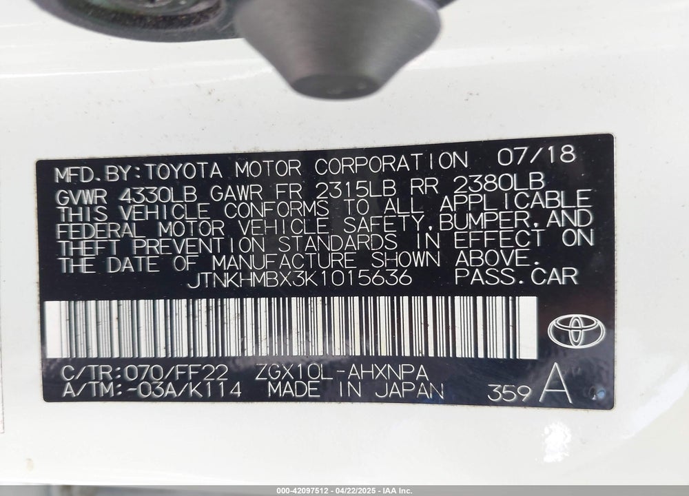 2019 TOYOTA C-HR VIN: JTNKHMBX3K1015636