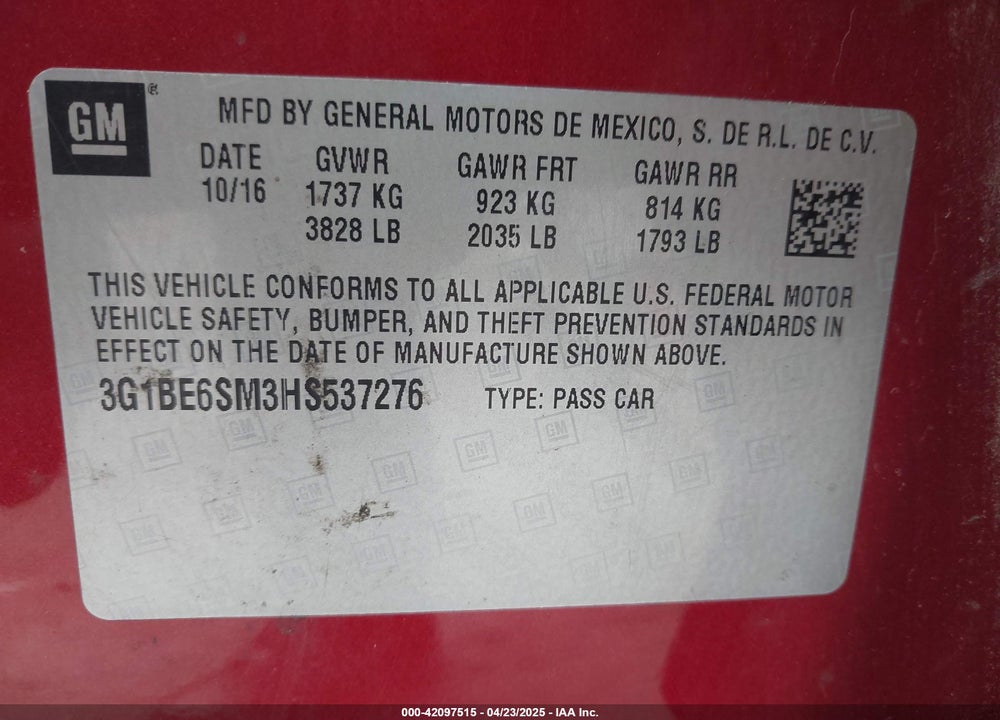 2017 CHEVROLET CRUZE VIN: 3G1BE6SM3HS537276