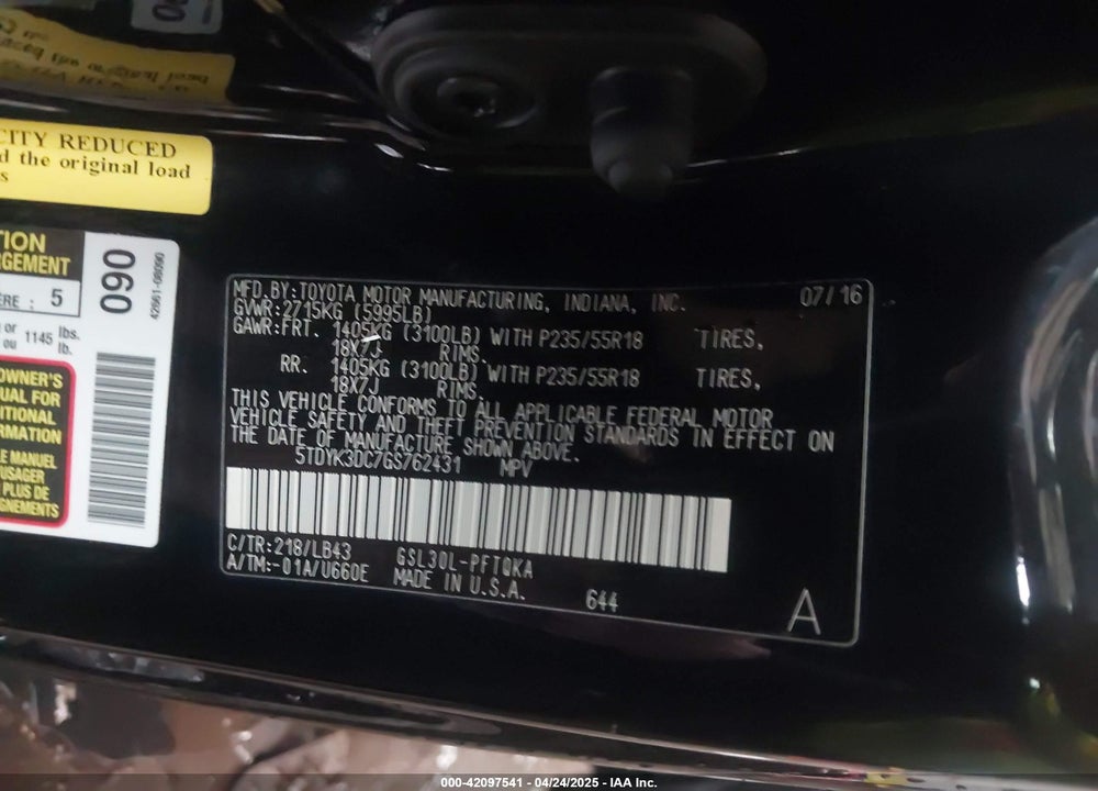 2016 TOYOTA SIENNA LIMITED PREMIUM 7 PASSENGER VIN: 5TDYK3DC7GS762431