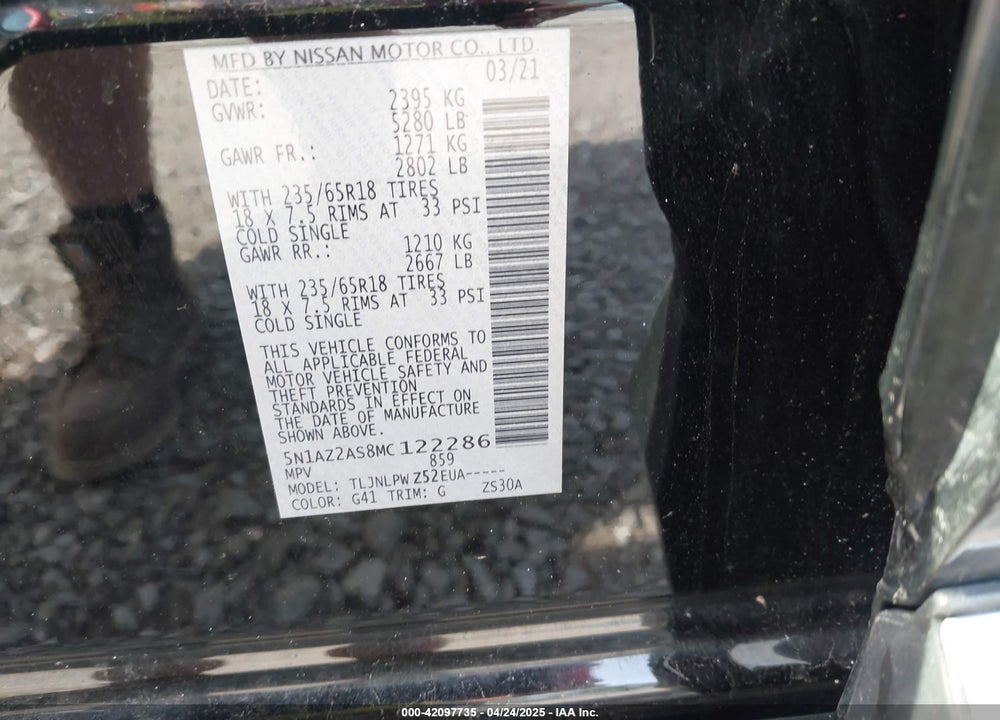 2021 NISSAN MURANO S INTELLIGENT AWD VIN: 5N1AZ2AS8MC122286