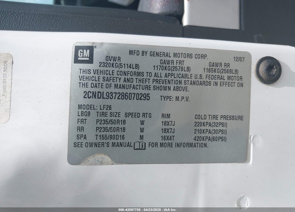 2008 CHEVROLET EQUINOX SPORT VIN: 2CNDL937286070295