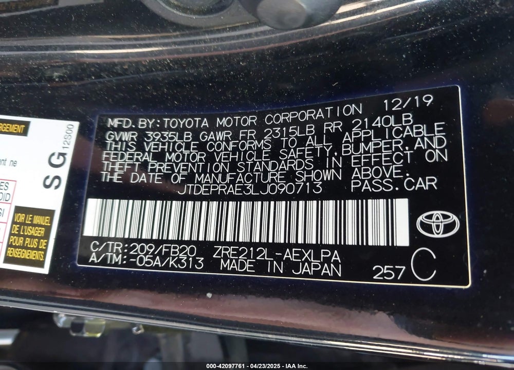 2020 TOYOTA COROLLA VIN: JTDEPRAE3LJ090713