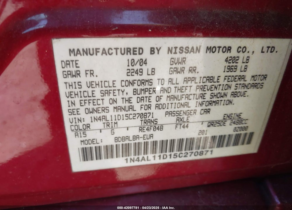 2005 NISSAN ALTIMA 2.5 S VIN: 1N4AL11D15C270871