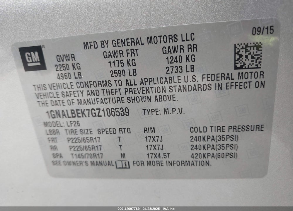 2016 CHEVROLET EQUINOX LS VIN: 1GNALBEK7GZ106539